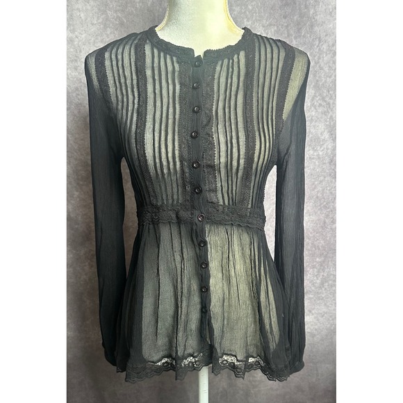 Hannah Jo Tops - Y2K Hannah Jo Black Sheer Lace Silk Blouse Romantic Whimsigoth Babydoll Top XS/S